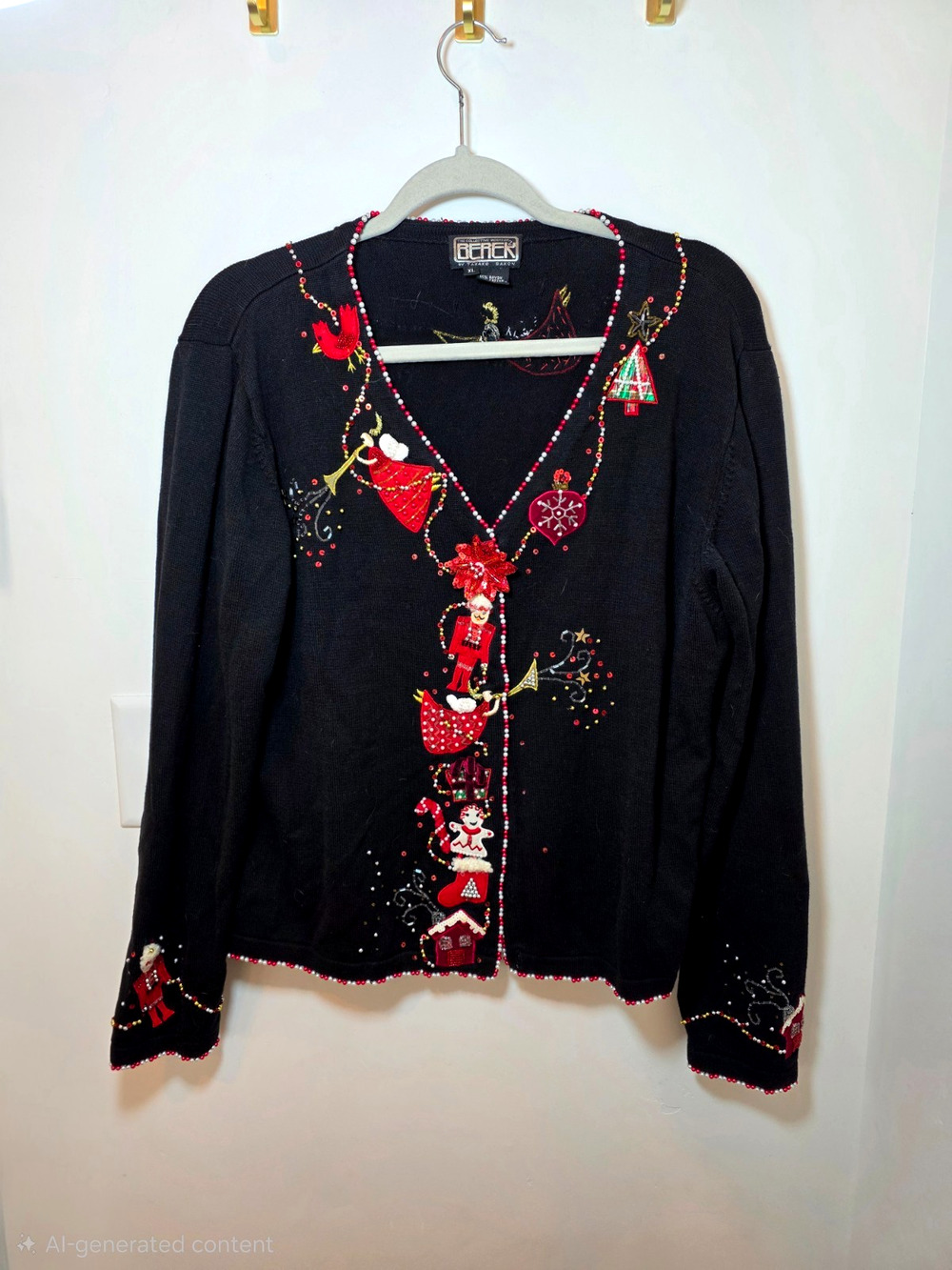 BEREK Takako Sakon Vintage Christmas Cardigan Sweater Women's XL Beaded Black